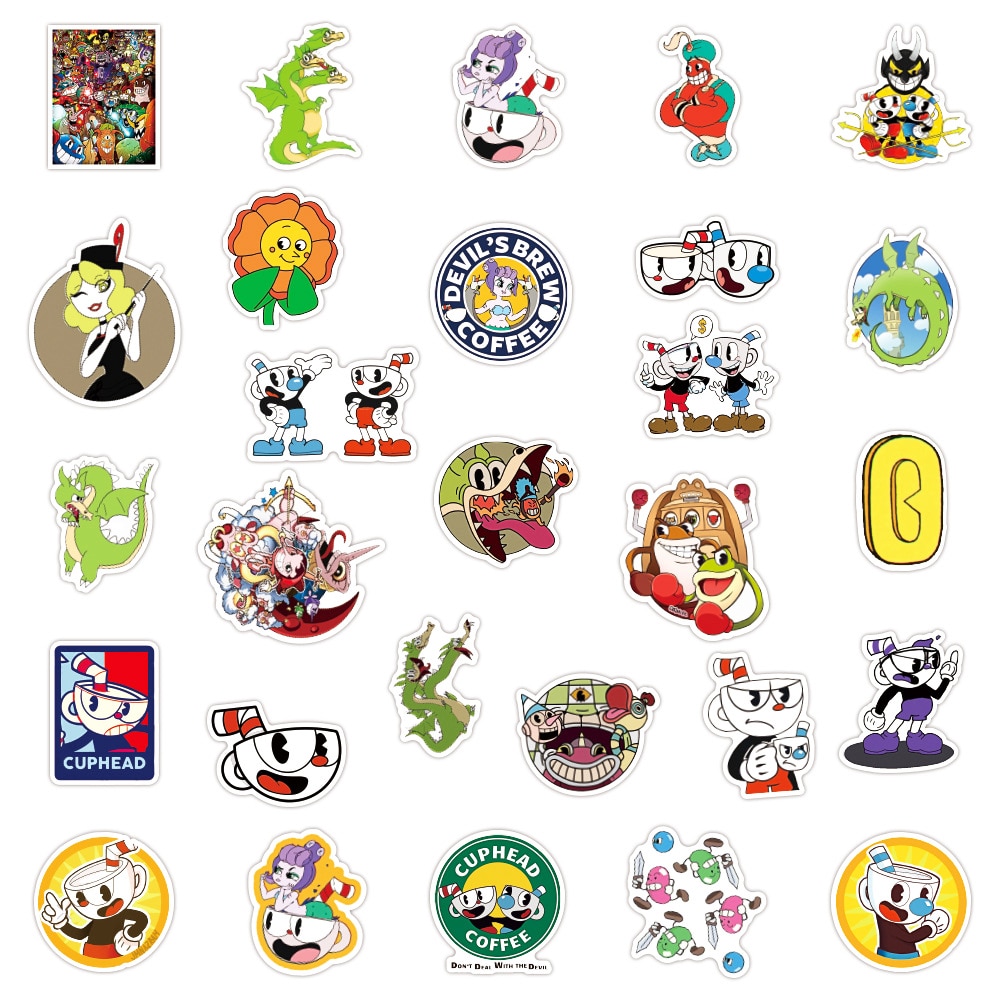 50PCS Pack Hot Games Cuphead Mugman Stickers For Laptop Notebook Skateboard Computer Luggage Decal Cartoon Sticker 4 - Cuphead Plush