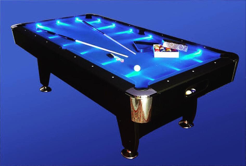 7Ft LED Pool Table Blue Felt Black Frame MDF