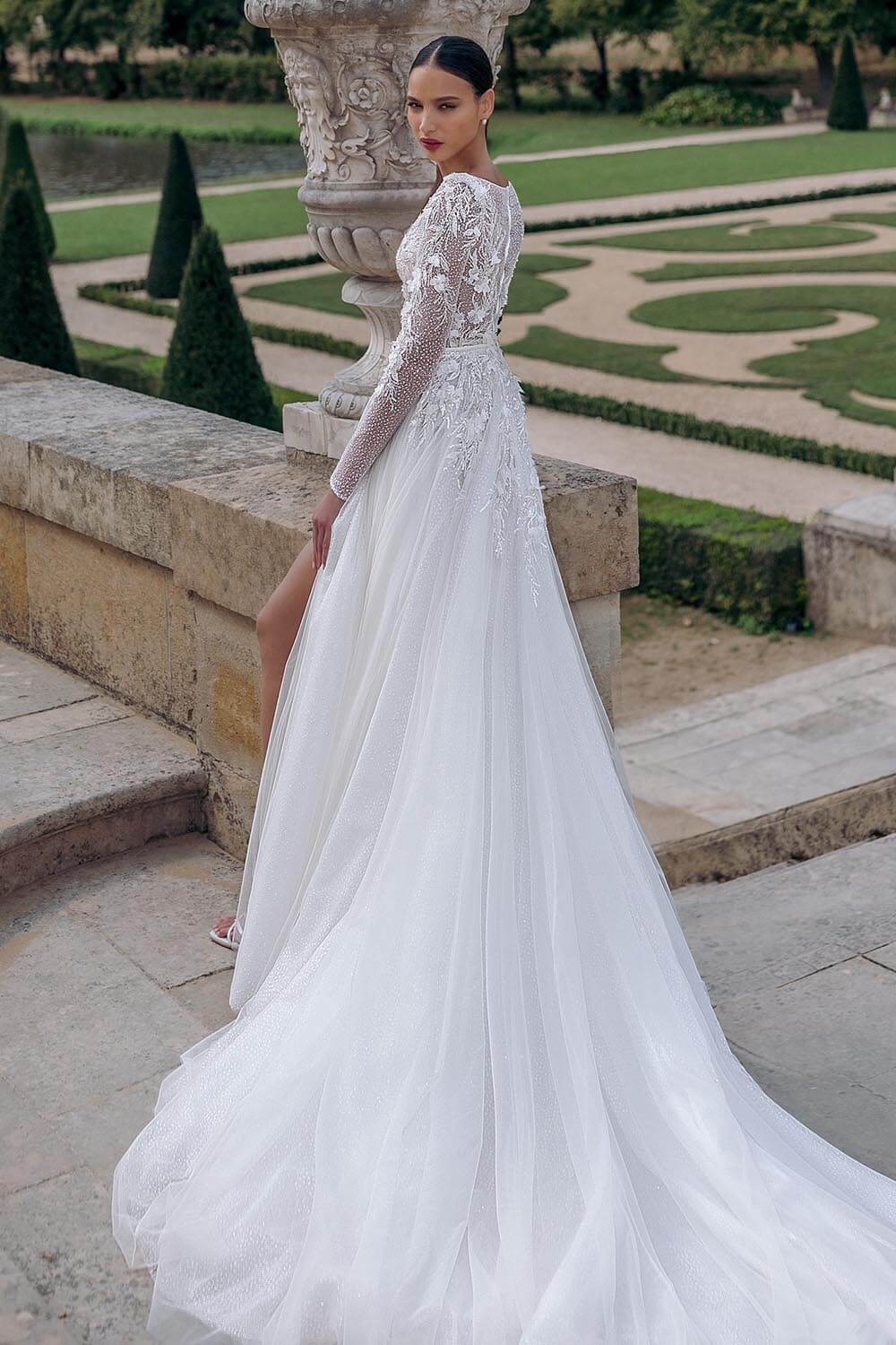 Sorali - Long-Sleeve Off-Shoulder Plain Lace Panel A-Line Wedding Gown