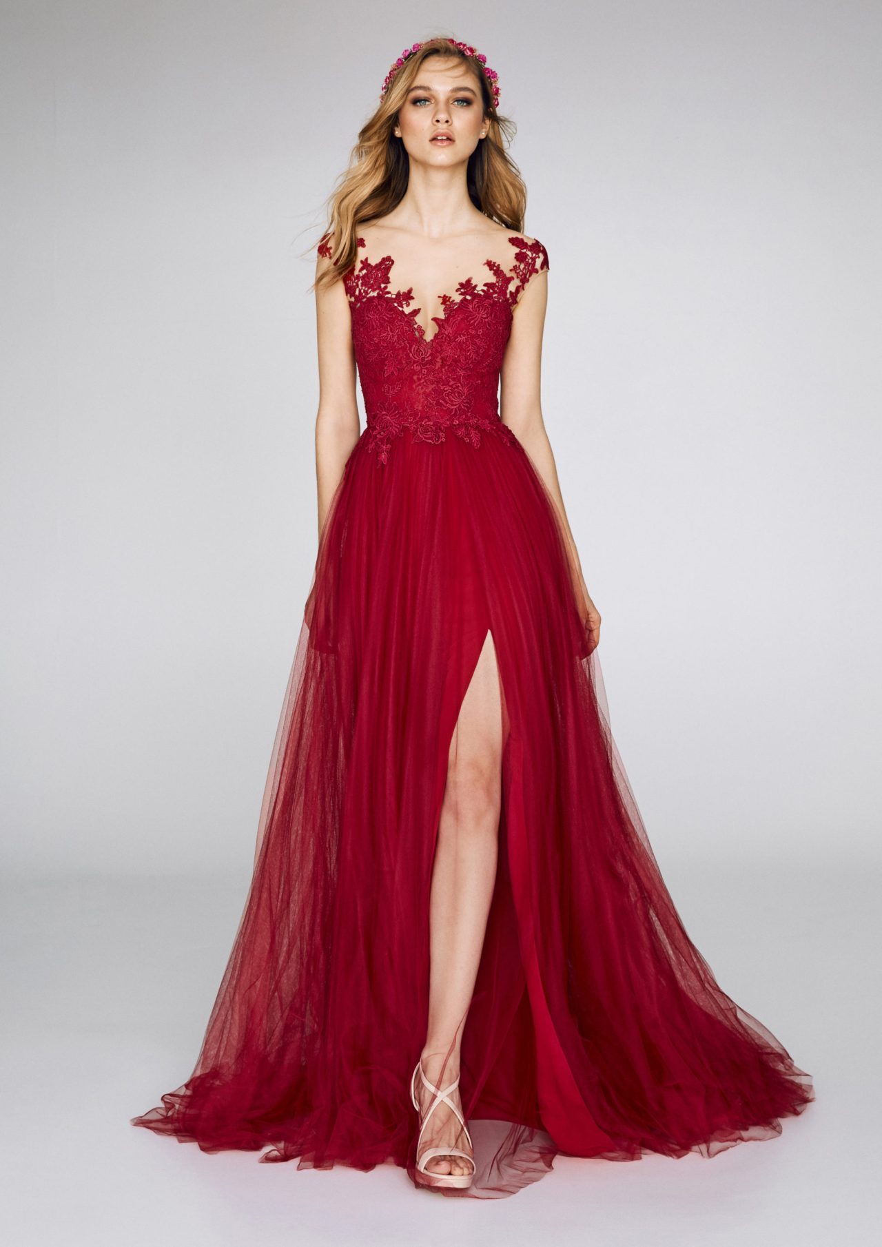 red tulle gown