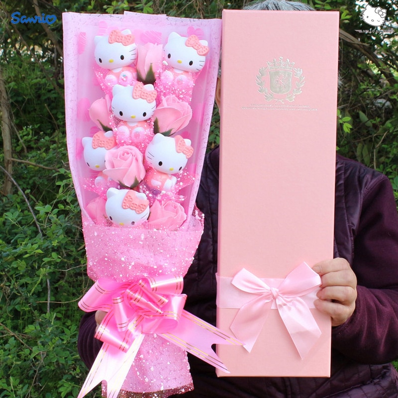 6 Cats Sanrio Anime Hello Kitty Bouquet Plush Stuffed Doll Kawaii Soap Flower Gift Box Rose - Hello Kitty Plush