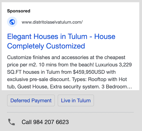 Un anuncio de una casa en tulum.