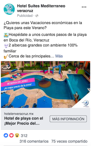 Anuncio de facebook del hotel suites mediterraneo.