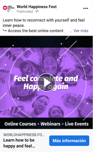 Anuncio de Facebook para el festival mundial de la felicidad.