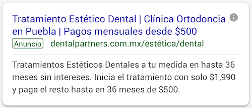 Un anuncio de google para una clínica dental en puerto rico.