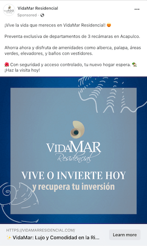 Anuncio de Facebook de vidamar.