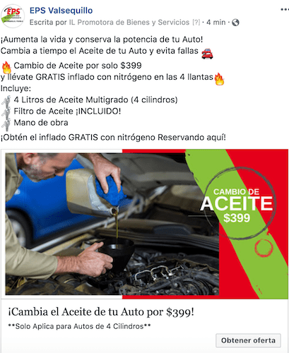 Un anuncio en Facebook de un servicio de reparación de automóviles.