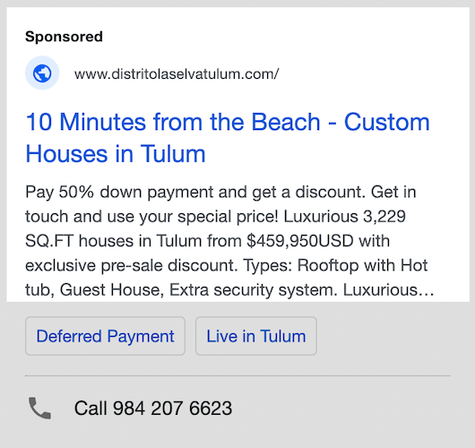 Un anuncio de Google para una casa de playa en tilum.