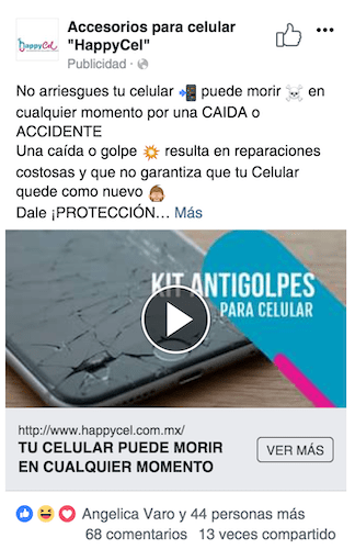 Un anuncio de facebook con la imagen de un teléfono roto.