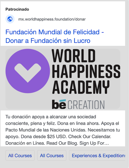 Una captura de pantalla de la página de Facebook de la academia mundial de la felicidad.