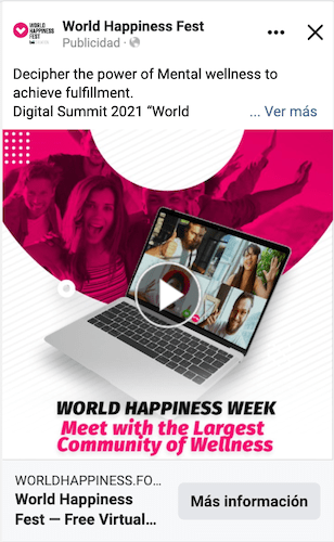 Un anuncio del festival mundial de la felicidad en español.