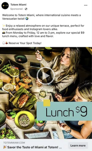 Un anuncio de Facebook para almorzar en Miami.