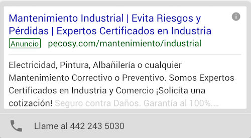 Un anuncio de una empresa en español en un teléfono celular.