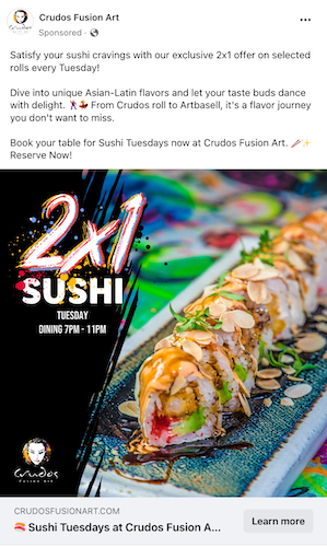 Un anuncio de Facebook para un restaurante de sushi.