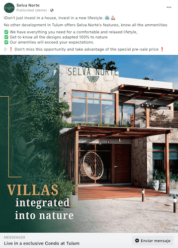 Anuncio de facebook de villas integradas en la naturaleza.