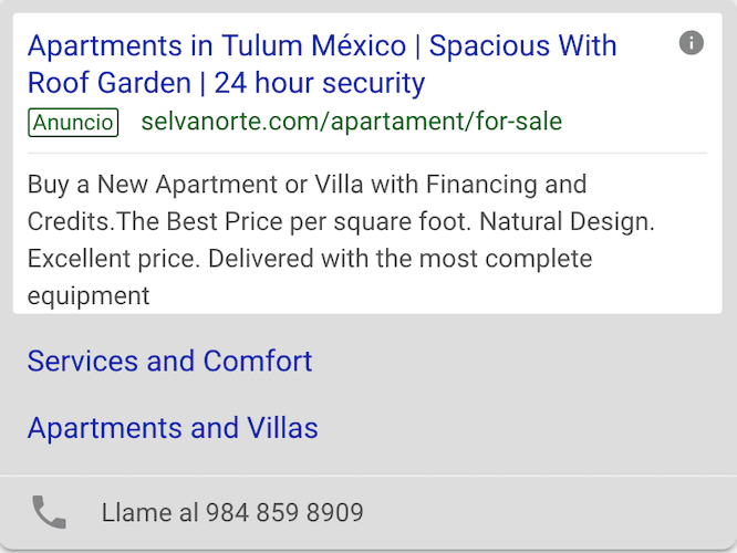 Adwords de Google: captura de pantalla.