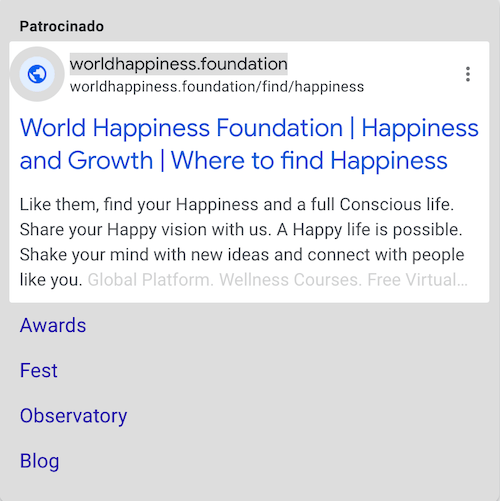 Fundación Mundial de la Felicidad: captura de pantalla.