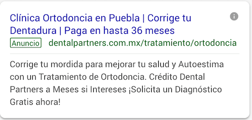 Un anuncio de google para un dentista en español.