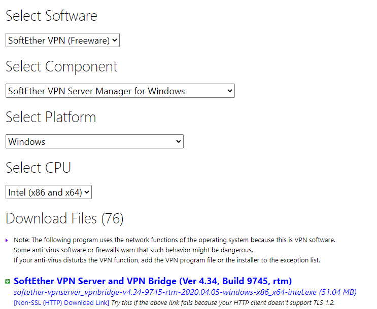 SoftEther VPN Server Manager download page