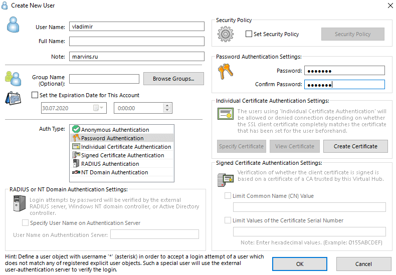 SoftEther Create Users