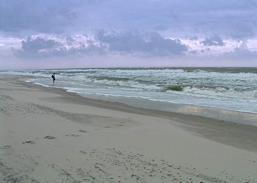 Frisk dagen på stranden, vinden er middel, bølgerne rejser sig og bruser mod land