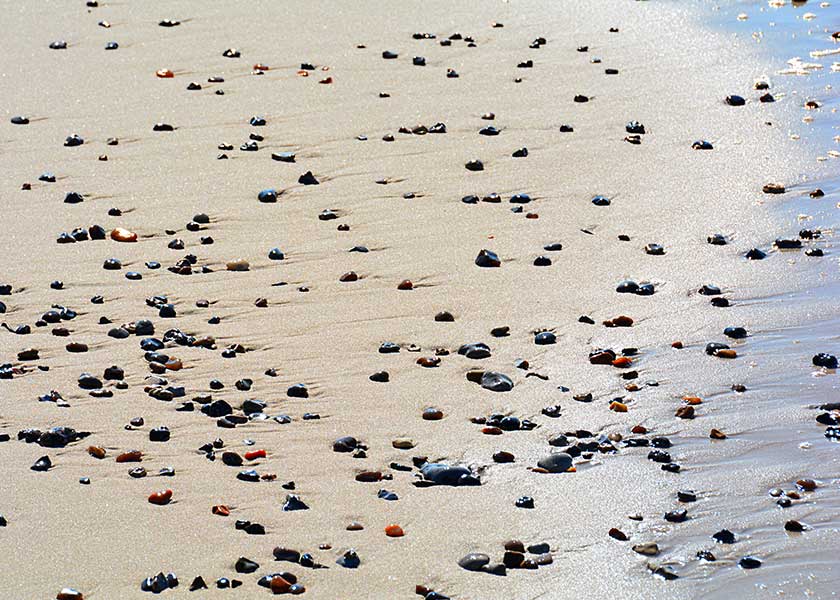 Vandet har netop trukket sig tilbage og de mange tusinde sten blottes nu i sandet