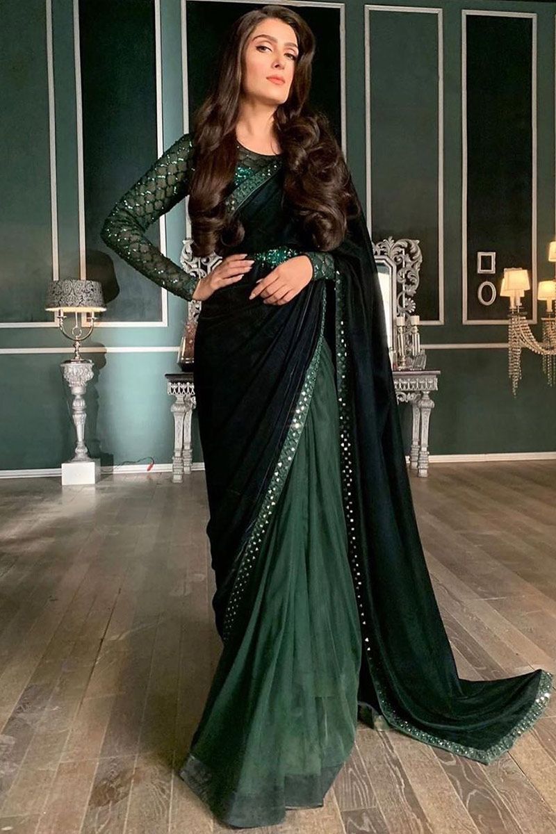 Buy Green Chinnon Satin Traditional Wear Plain Saree Online From Wholesale  Salwar.