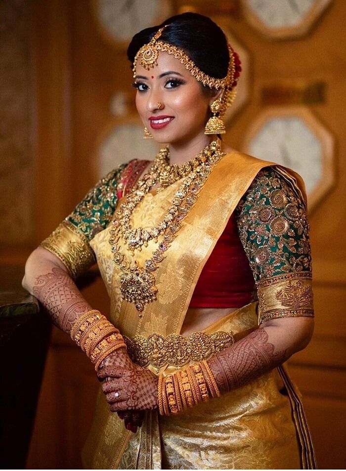 Gold colour pattu discount saree for wedding