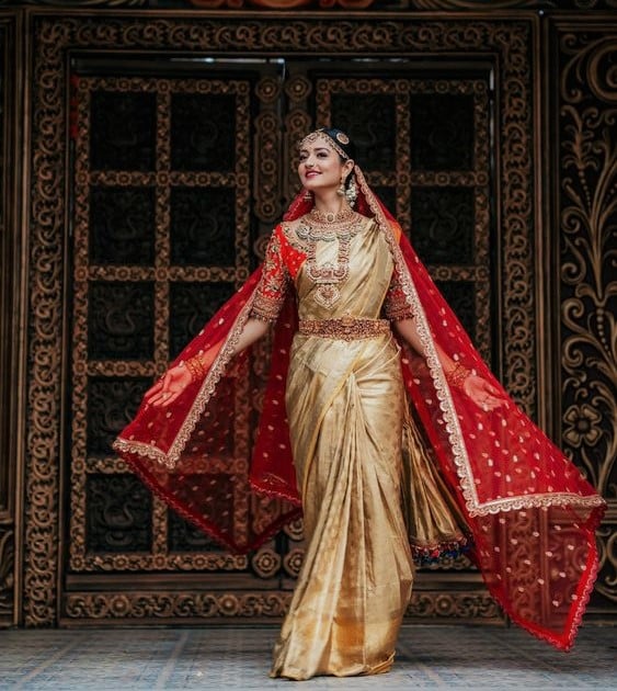 Golden silk saree hot sale for bride