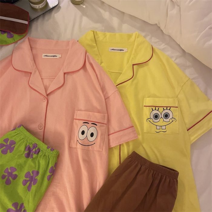 Kawaii Spongebobed Squarepants Patrick Star Cartoon Couple Pajamas Summer Cotton Short Sleeved Shorts Cute Home Wear - Spongebob Plush