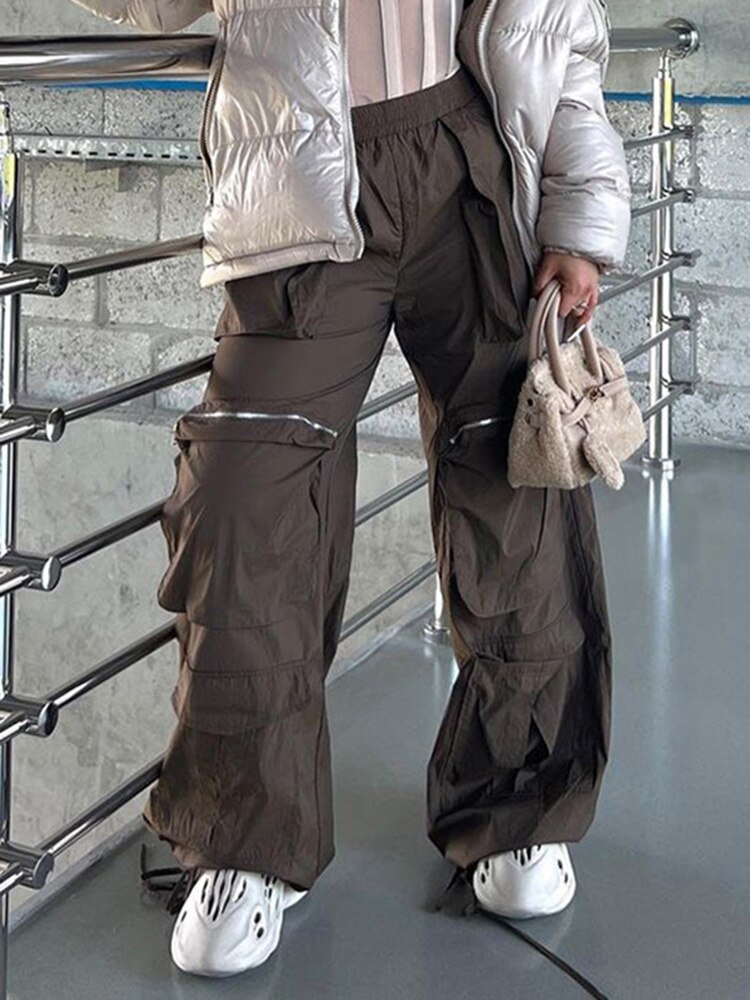 Cuteandpsycho Streetwear Chic Baggy Cargos Pockets Elastic Waisted Joggers Parachute Pants Harajuku Casual Women Y2K Trousers 2 - Parachute Pant Shop