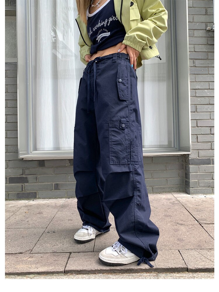 HOUZHOU Retro Hippie Blue Cargo Parachute Pants Women Y2K Streetwear Oversize Wide Leg Trousers Female 90s 1 - Parachute Pant Shop