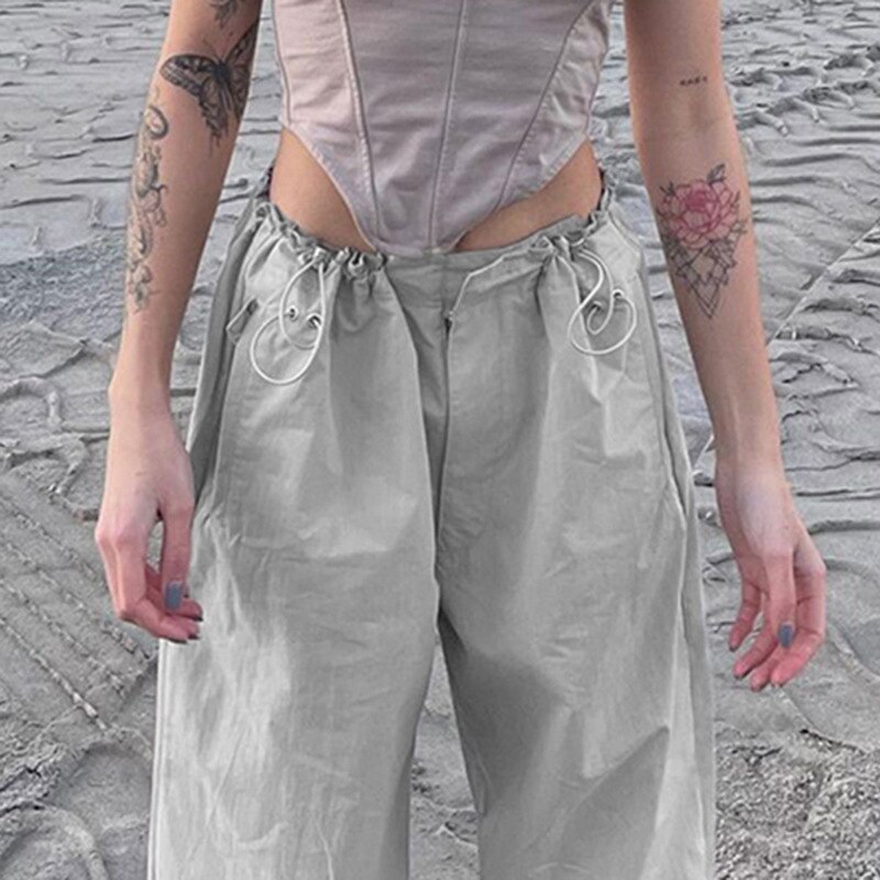 Cutistation Light Grey Grunge Pants Y2k Streetwear Women Low Rise Drawstring Baggy Parachute Cargo Trousers 90s 4 - Parachute Pant Shop