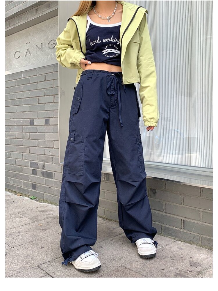 HOUZHOU Retro Hippie Blue Cargo Parachute Pants Women Y2K Streetwear Oversize Wide Leg Trousers Female 90s - Parachute Pant Shop