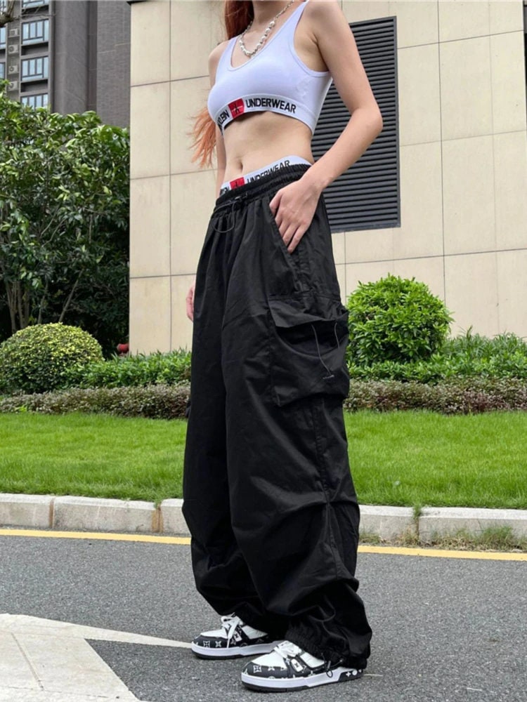 HOUZHOU Y2K Parachute Pants Women Hippie Streetwear Oversize Pockets Cargo Trousers