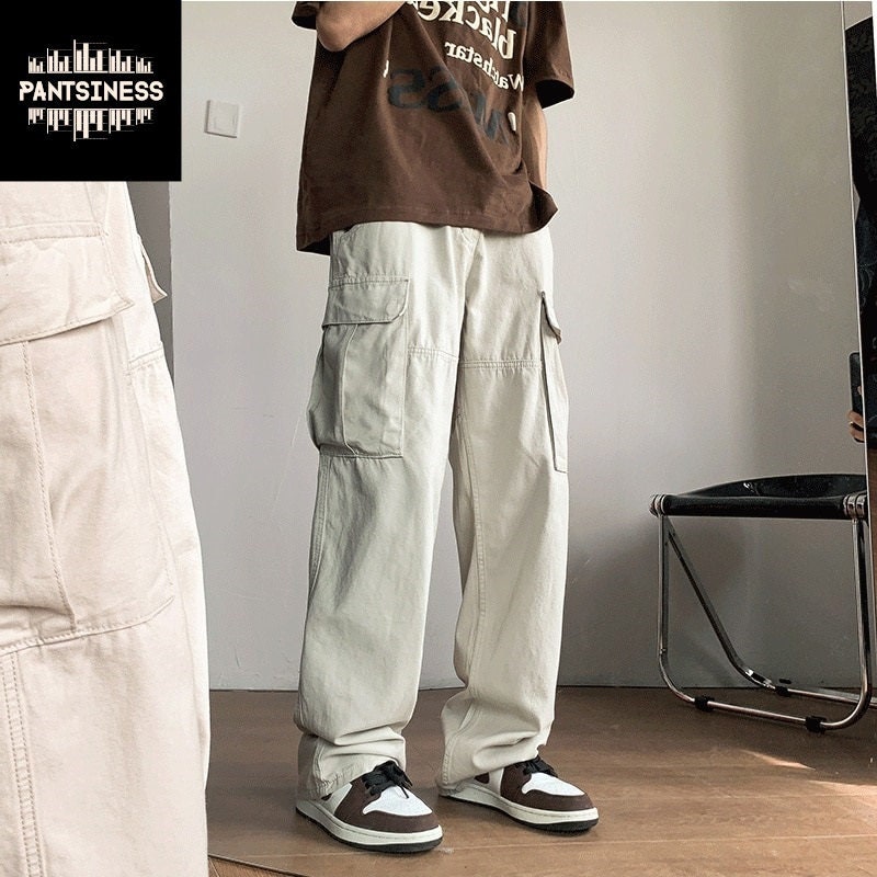 Casual Retro Cargo Pants, Y2K Vintage Side Pocket Streetwear, Straight Leg Mens Bottoms, Urban Streetwear  Grunge Trousers