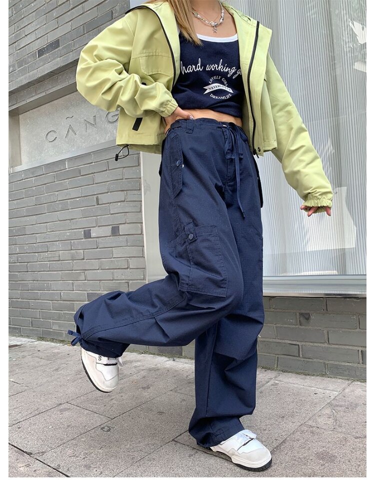 HOUZHOU Retro Hippie Blue Cargo Parachute Pants Women Y2K Streetwear Oversize Wide Leg Trousers Female 90s 2 - Parachute Pant Shop