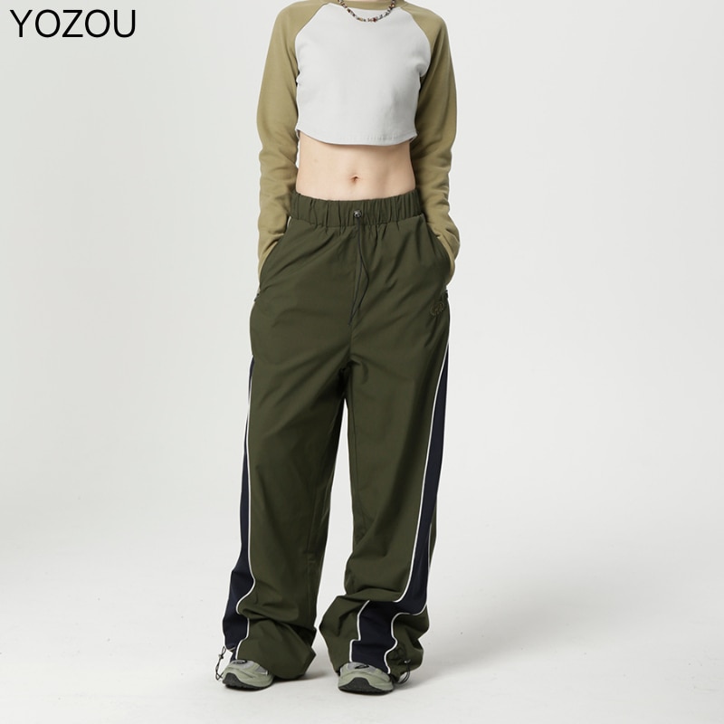 YOZOU Cargo Parachute Pants Green Beige Wide Leg Loose Baggy Pant Trousers Women Streetwear High Street - Parachute Pant Shop