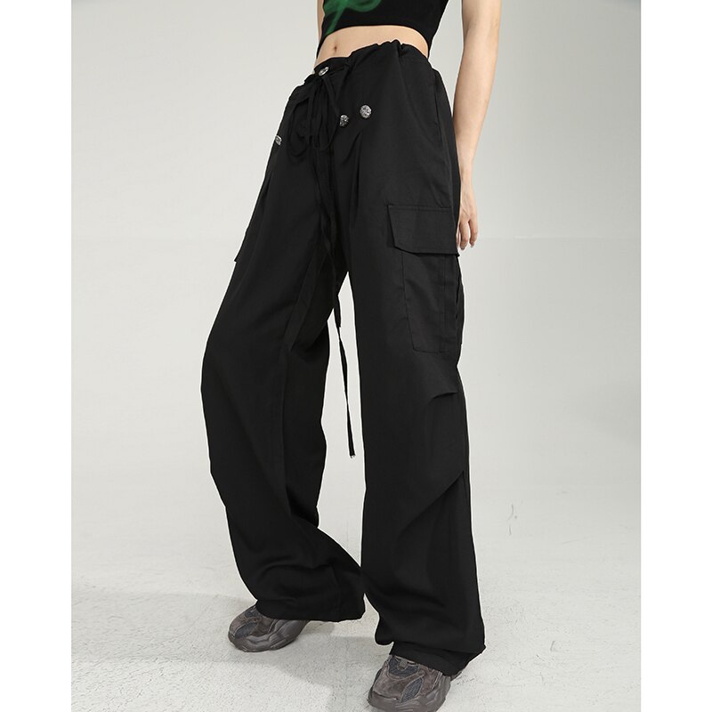 Y2k Vintage Black Parachute Pants Women Hippie Streetwear Oversize Pockets Cargo Trousers Harajuku Techwear Wide Pantalones 4 - Parachute Pant Shop