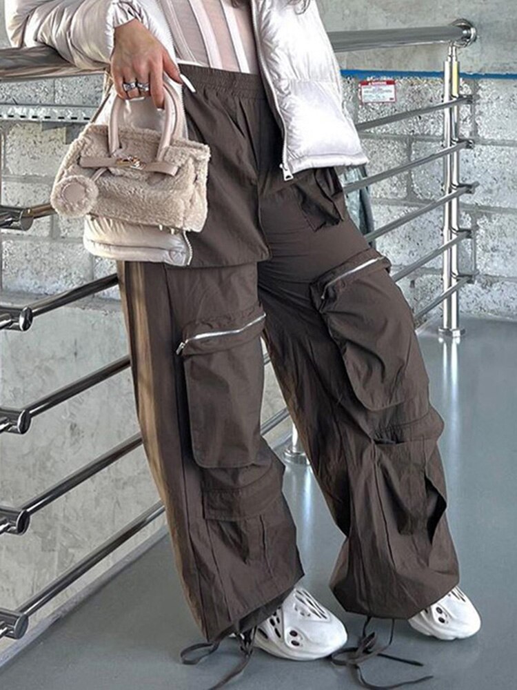 Cuteandpsycho Streetwear Chic Baggy Cargos Pockets Elastic Waisted Joggers Parachute Pants Harajuku Casual Women Y2K Trousers 3 - Parachute Pant Shop