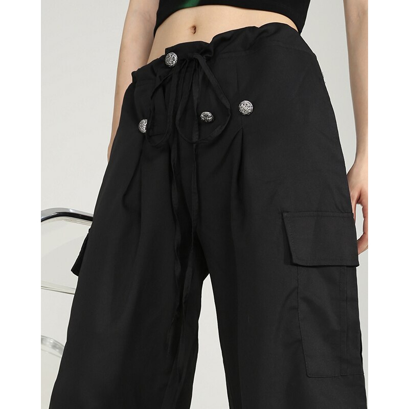 Y2k Vintage Black Parachute Pants Women Hippie Streetwear Oversize Pockets Cargo Trousers Harajuku Techwear Wide Pantalones 2 - Parachute Pant Shop