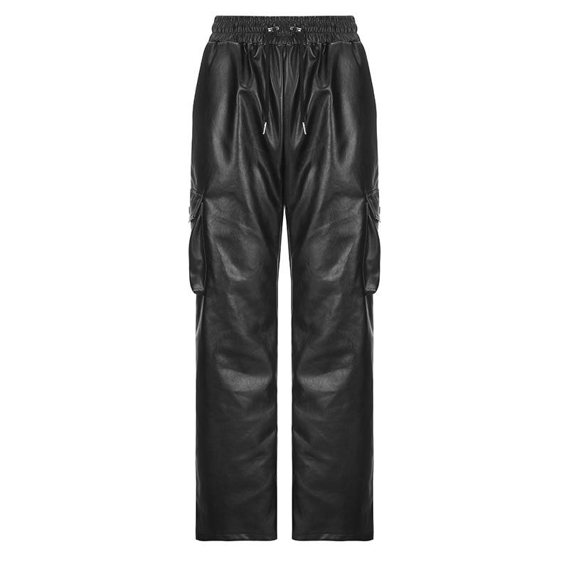 ZVV Design Pu Faux Leather Black Baggy Cargo Parachute Pants Pockets Oversize Loose Hip Hop Wide 2 - Parachute Pant Shop