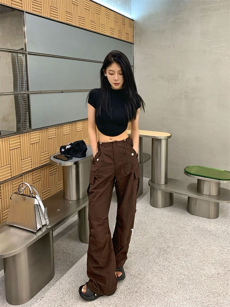 QWEEK Y2K Brown Low Waist Cargo Pants Women Korean Fashion Drawstring Oversize Wide Leg Parachute Trousers 3 - Parachute Pant Shop
