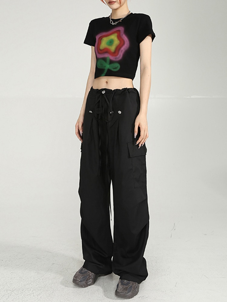 Y2k Vintage Black Parachute Pants Women Hippie Streetwear Oversize Pockets Cargo Trousers Harajuku Techwear Wide Pantalones - Parachute Pant Shop