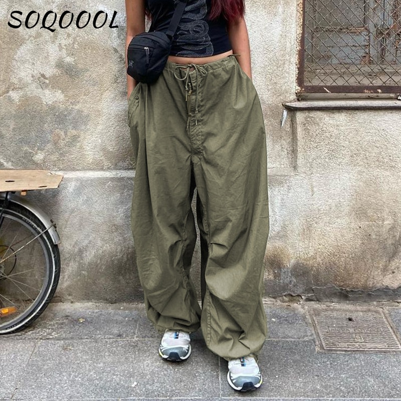 Hippie Y2K Cargo Pants Women Low Waist Sweatpant Drawstring Pockets Baggy Wide Leg Trousers Korean Vintage 3 - Parachute Pant Shop