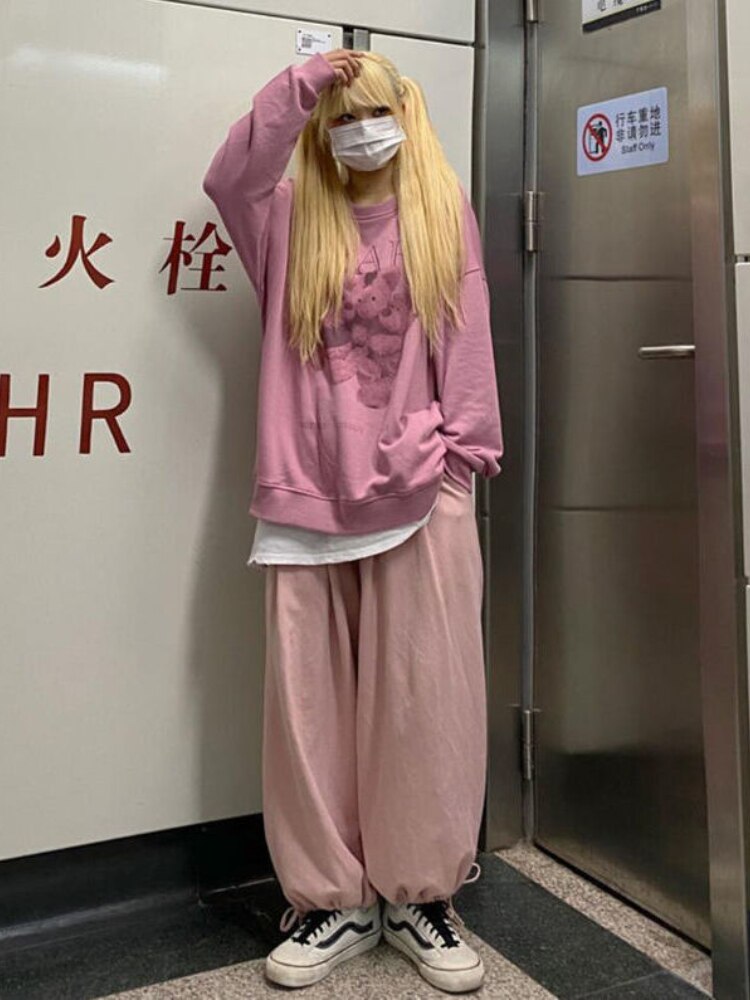 QWEEK Harajuku Pink Jogging Sweatpants Women Korean Fashion Oversize Girly High Waist Parachute Pants Hip Hop 2 - Parachute Pant Shop