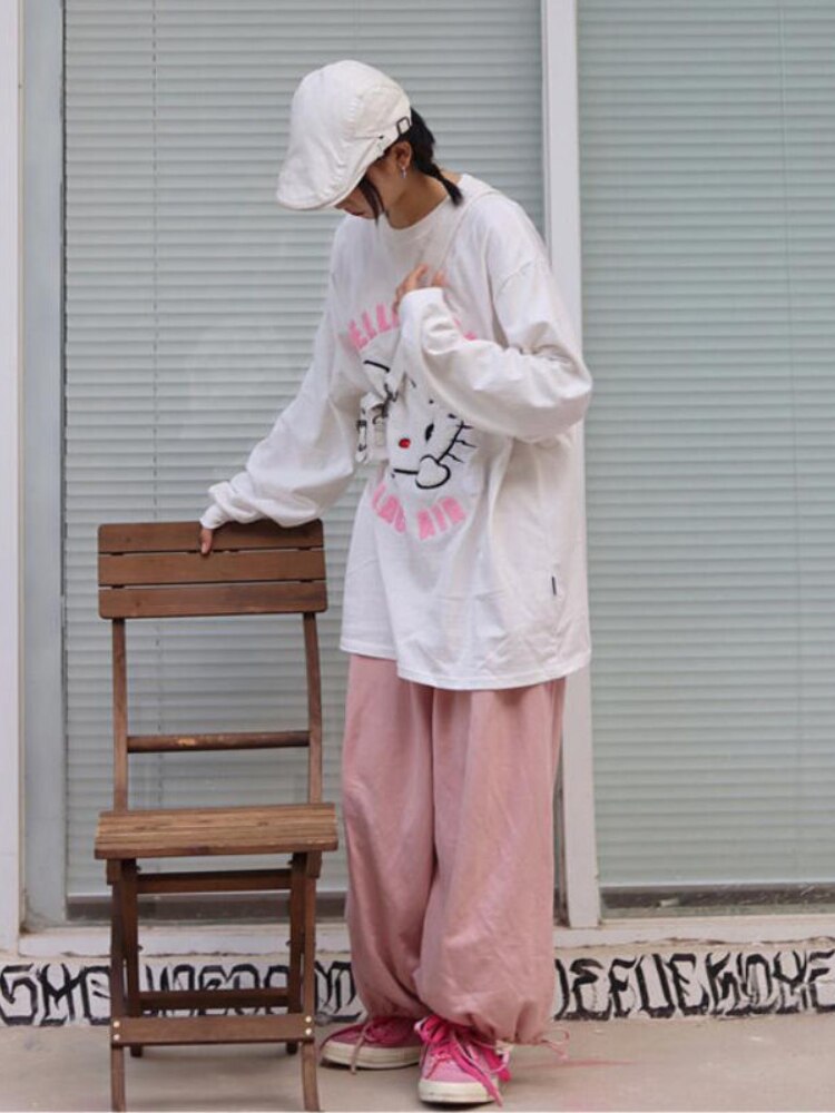 QWEEK Harajuku Pink Jogging Sweatpants Women Korean Fashion Oversize Girly High Waist Parachute Pants Hip Hop 4 - Parachute Pant Shop