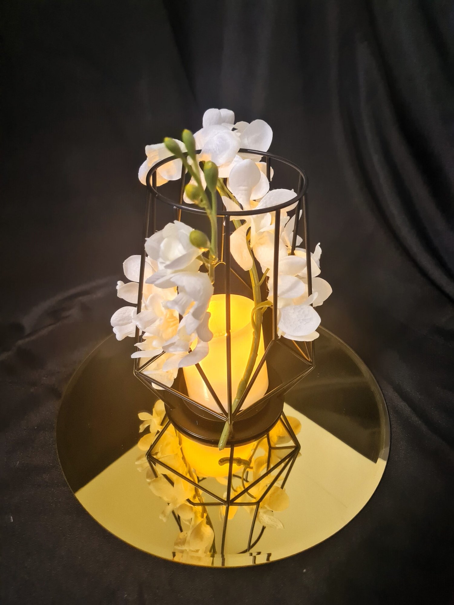 Black Geo Lantern with Orchids
