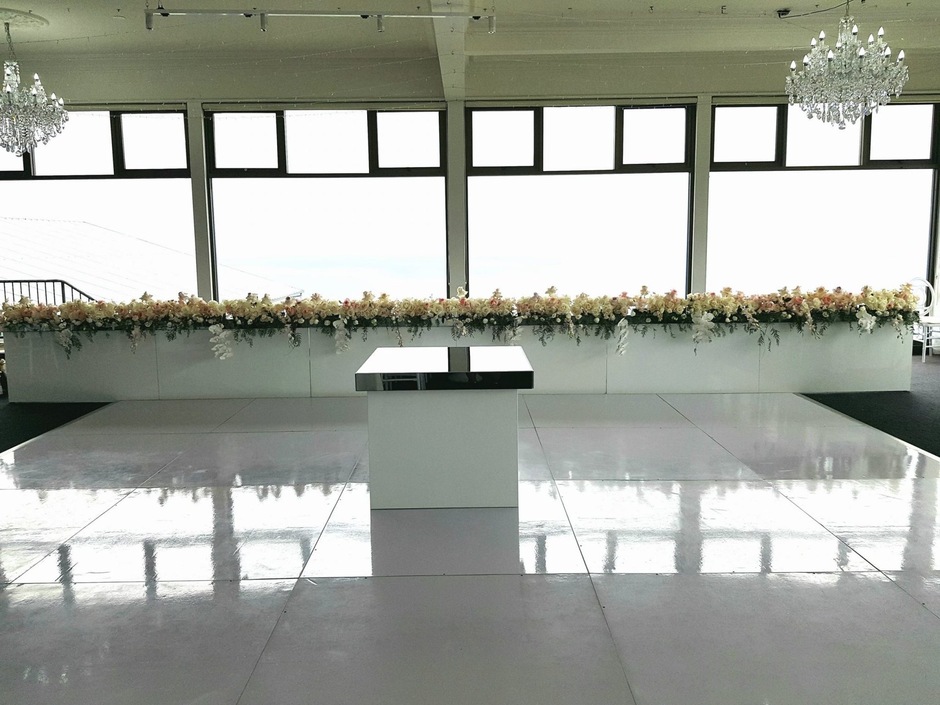White Gloss Bridal Table and Cake Table on White Dance Floor