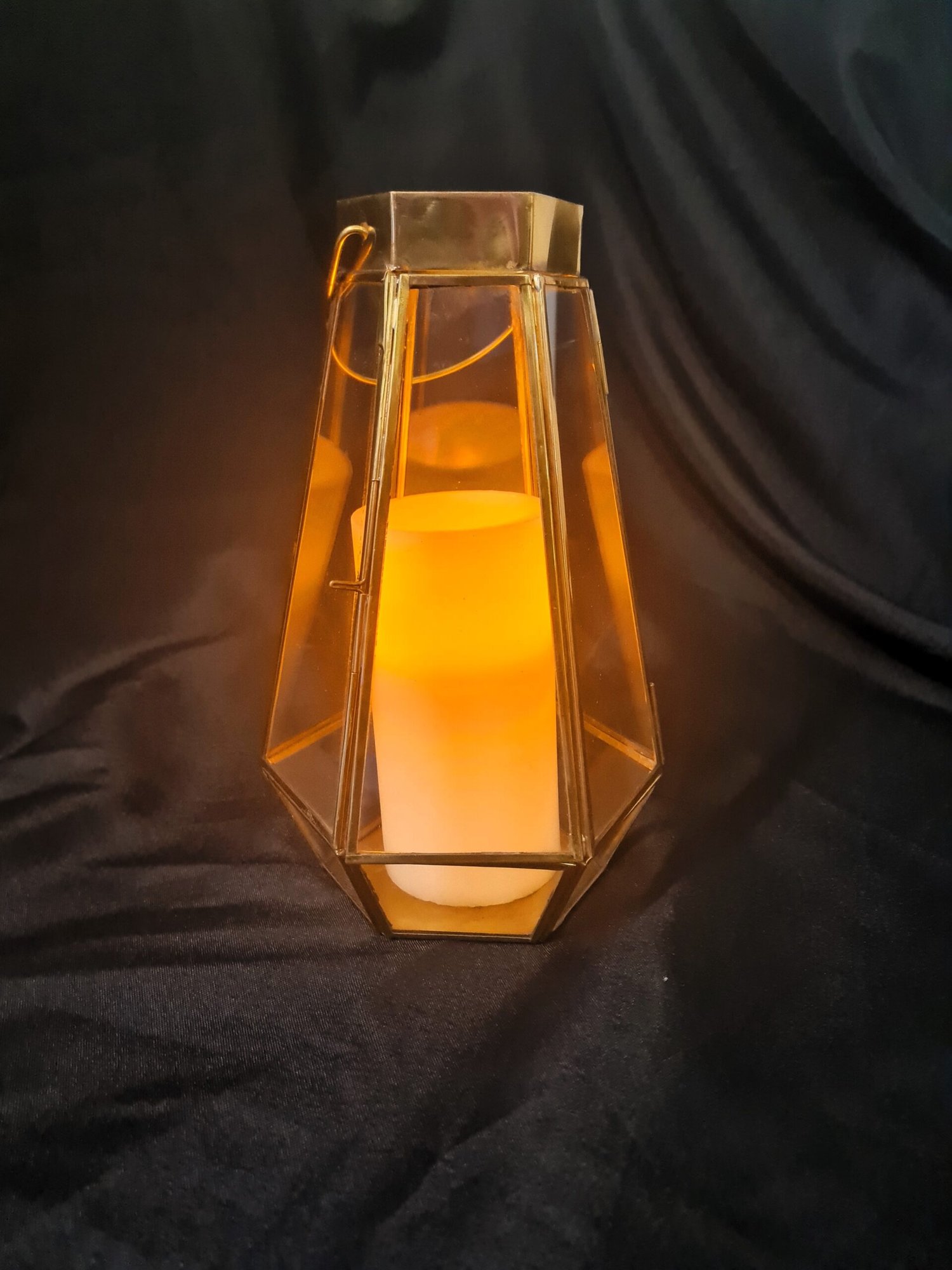 gold hexagonal lantern with led pillar candle